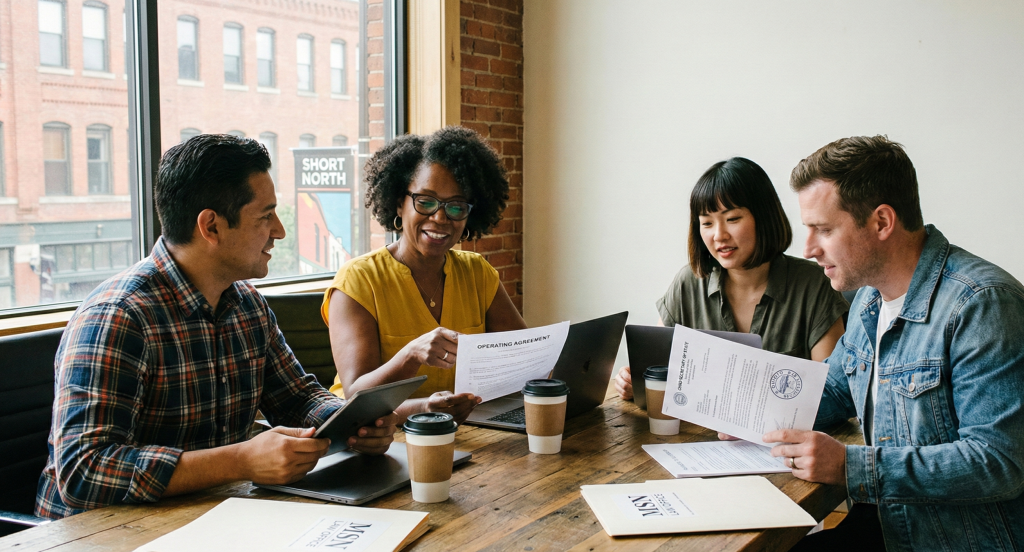 Diverse small business owners reviewing legal documents for holding company and subsidiary asset protection in Ohio