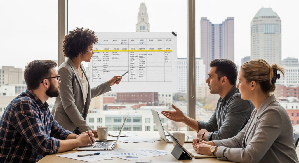Startup founders in Columbus, Ohio discussing a convertible note maturity date strategy.
