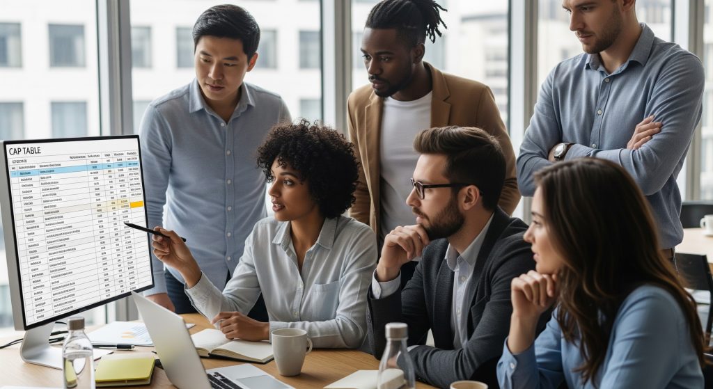 Diverse startup founders reviewing cap table dilution and financing options on a monitor for a SAFE vs Convertible Note Ohio startup.