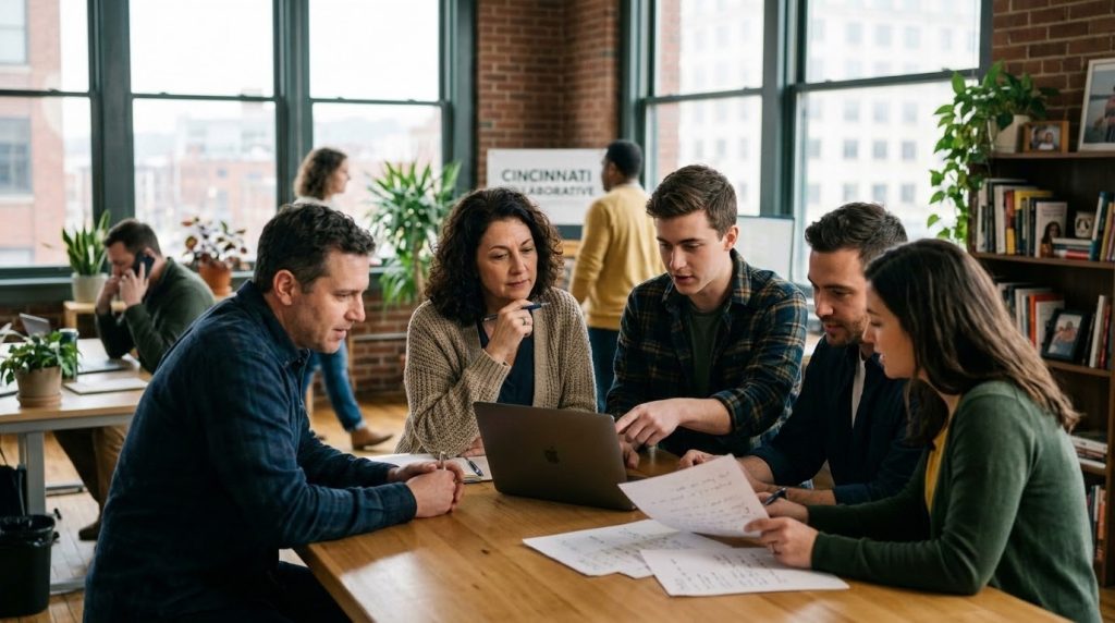Diverse team of Ohio entrepreneurs and nonprofit leaders reviewing worker classification documents in a modern office, representing strategies to avoid independent contractor misclassification risks.
