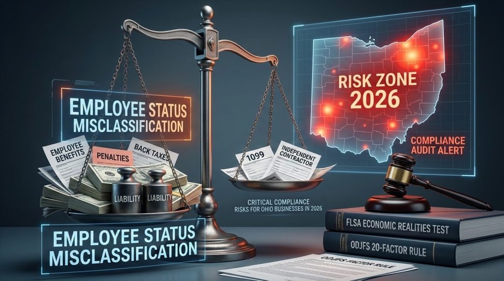 Visualizing the complex legal standards for engaging Ohio independent Contractors in 2026, including the Economic Realities Test and the 20-Factor Statutory Test.