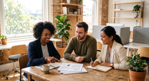 Three diverse professionals in a modern office space collaborating on HR strategy and compliance policies, representing a positive small business culture.