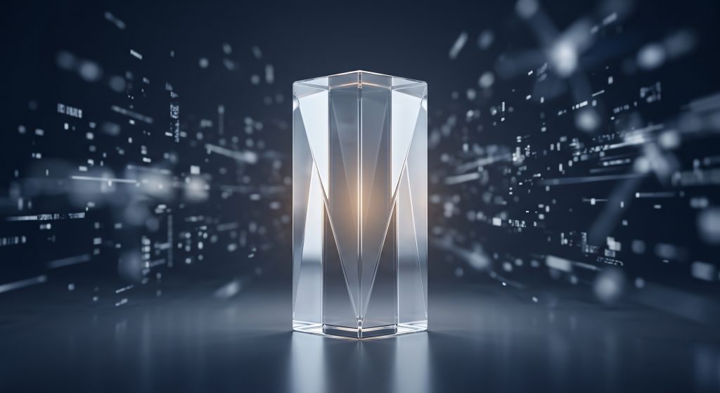 A conceptual image showing a luminous, stable structure being isolated from a chaotic background of data particles, representing the clarity of professional trademark clearance.